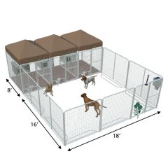 18' X 16' Ultimate Playzone W/Multiple 6' X 8' PRO Dog Kennels X3 & Cube Dog Houses	